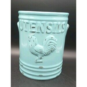 Vintage Rooster Collection Kitchen Utensil Holder Home Essentials Turquoise Blue